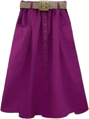Women Spring Summer Washed Cotton Elastic High-Waist Skirt Pocket Belt Solid Long A-Line Split Hem Skirts