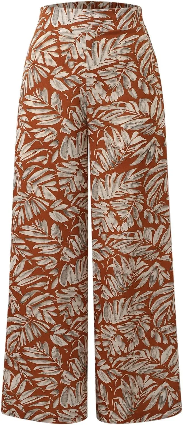 Women Summer Boho Palazzo Pants High Waist Wide Leg Floral Casual Cotton Lounge Trousers with Pockets