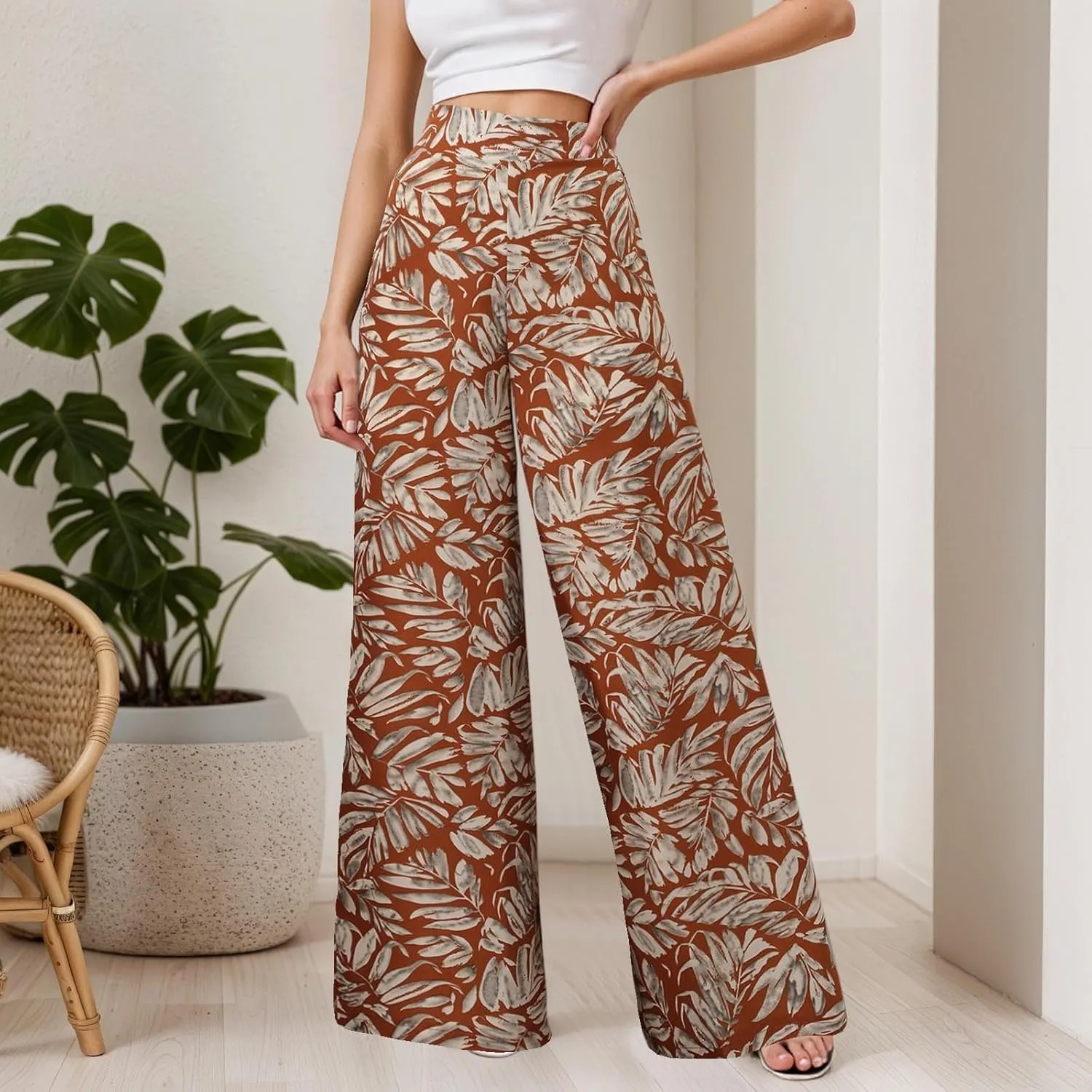 Women Summer Boho Palazzo Pants High Waist Wide Leg Floral Casual Cotton Lounge Trousers with Pockets