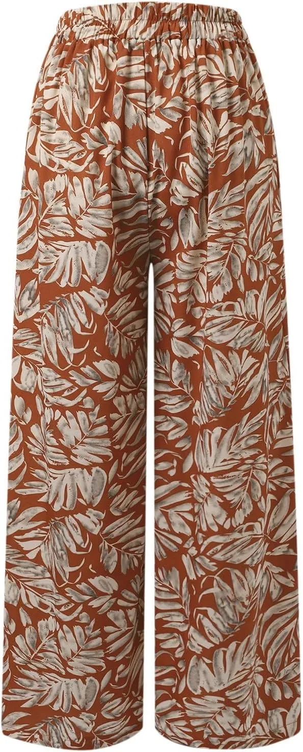 Women Summer Boho Palazzo Pants High Waist Wide Leg Floral Casual Cotton Lounge Trousers with Pockets