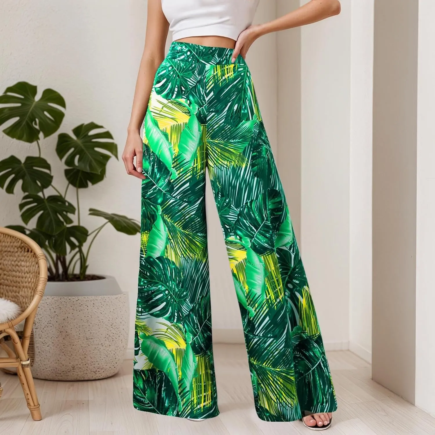 Women Summer Boho Palazzo Pants High Waist Wide Leg Floral Casual Cotton Lounge Trousers with Pockets