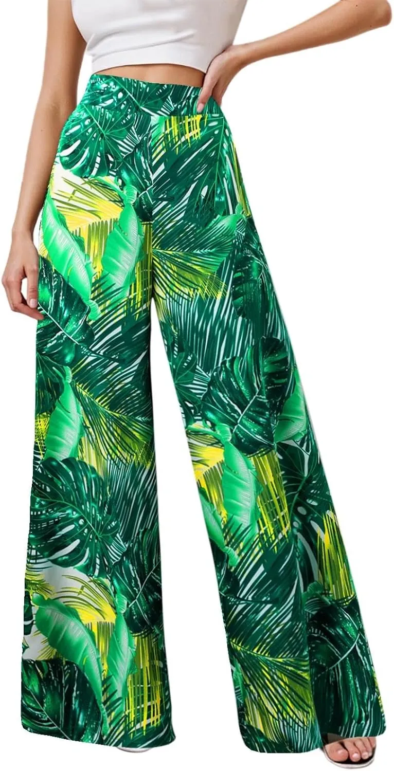 Women Summer Boho Palazzo Pants High Waist Wide Leg Floral Casual Cotton Lounge Trousers with Pockets
