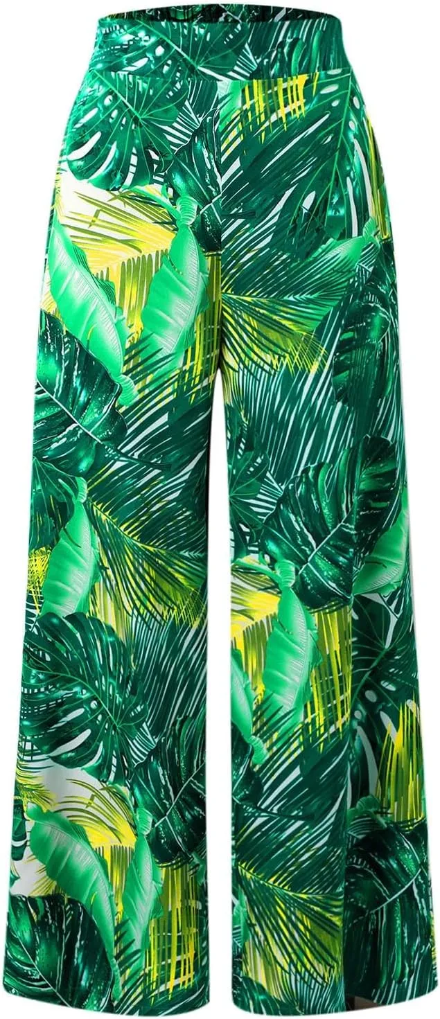 Women Summer Boho Palazzo Pants High Waist Wide Leg Floral Casual Cotton Lounge Trousers with Pockets