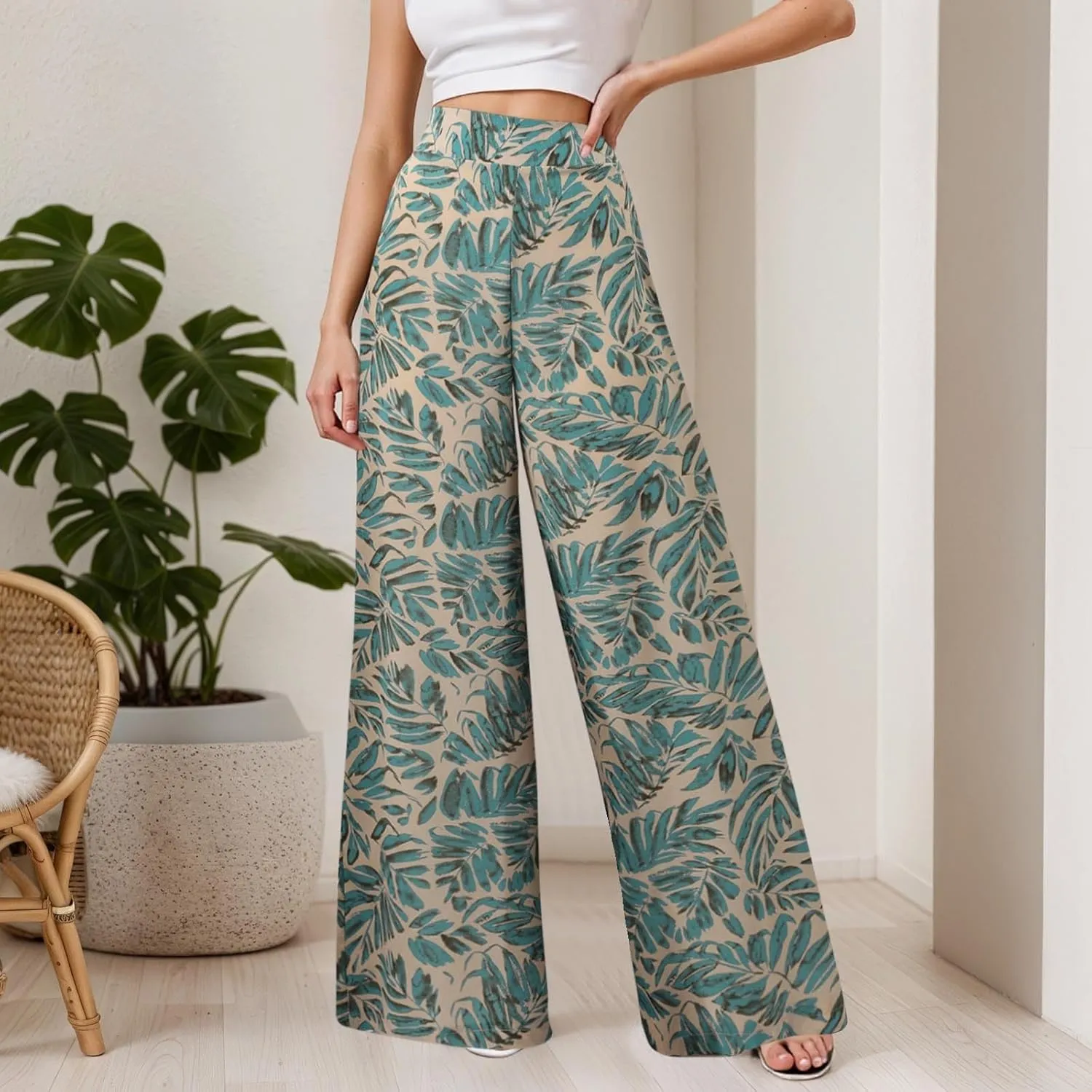 Women Summer Boho Palazzo Pants High Waist Wide Leg Floral Casual Cotton Lounge Trousers with Pockets