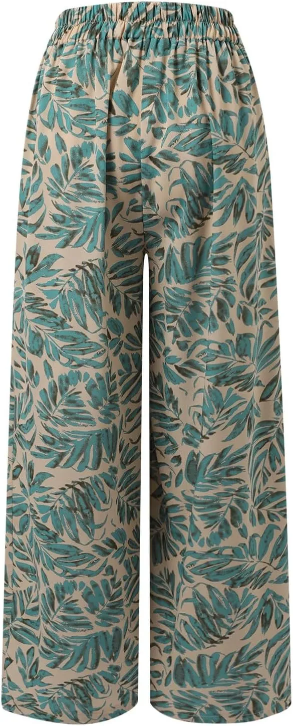 Women Summer Boho Palazzo Pants High Waist Wide Leg Floral Casual Cotton Lounge Trousers with Pockets