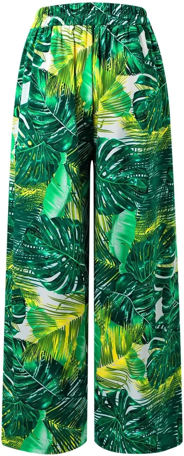 Women Summer Boho Palazzo Pants High Waist Wide Leg Floral Casual Cotton Lounge Trousers with Pockets