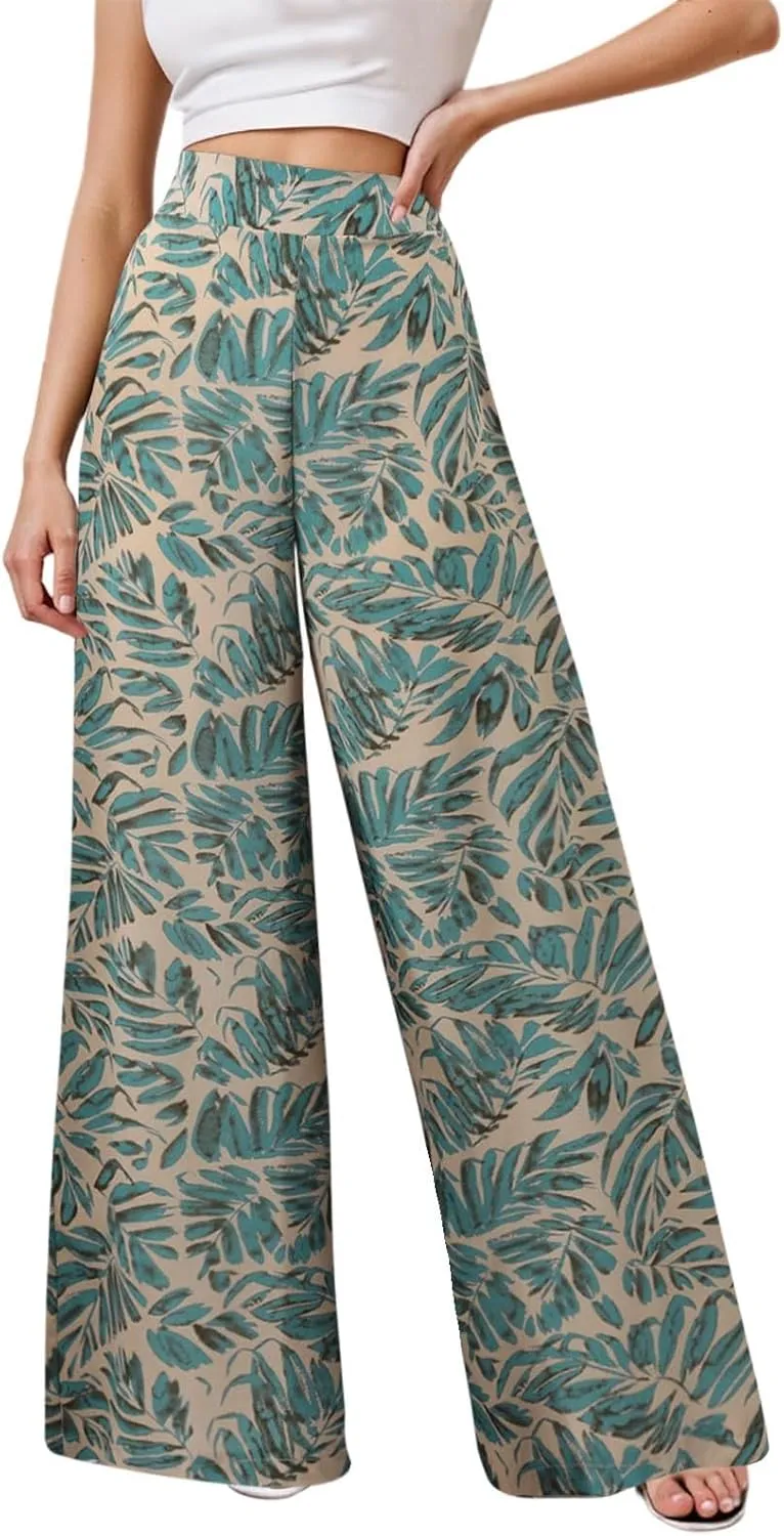 Women Summer Boho Palazzo Pants High Waist Wide Leg Floral Casual Cotton Lounge Trousers with Pockets