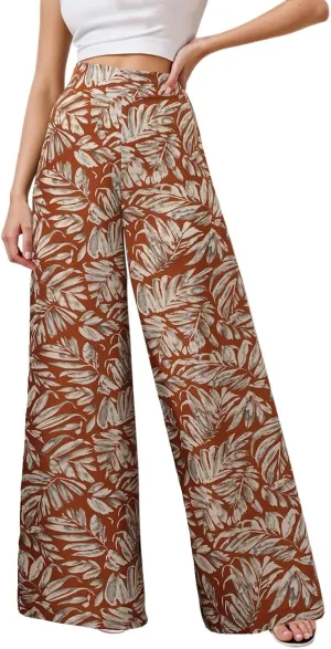 Women Summer Boho Palazzo Pants High Waist Wide Leg Floral Casual Cotton Lounge Trousers with Pockets