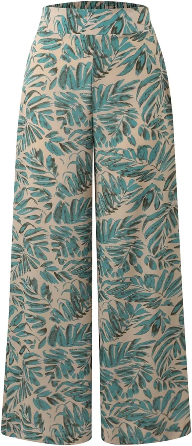 Women Summer Boho Palazzo Pants High Waist Wide Leg Floral Casual Cotton Lounge Trousers with Pockets