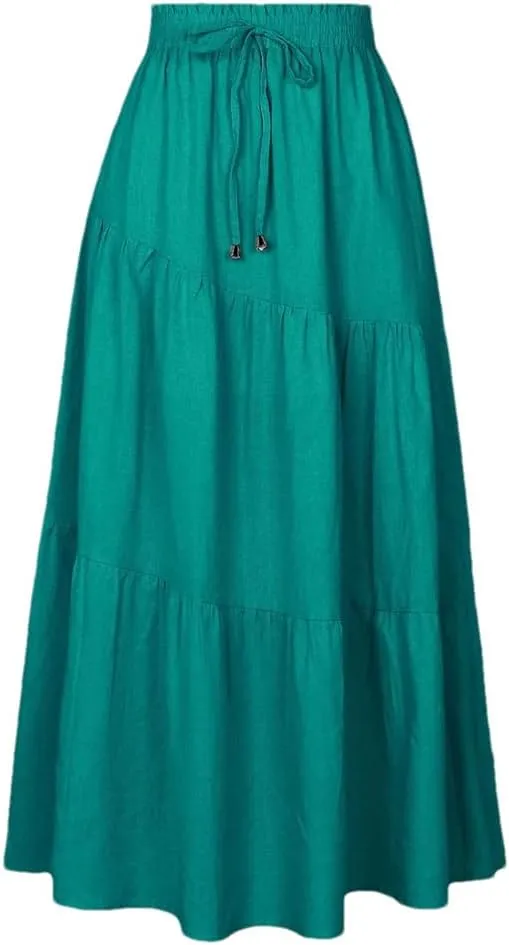 Women Summer Elastic Waisted Drawstring Casual Ruched Skirts High Waist A Line Large Swing Long Skirt
