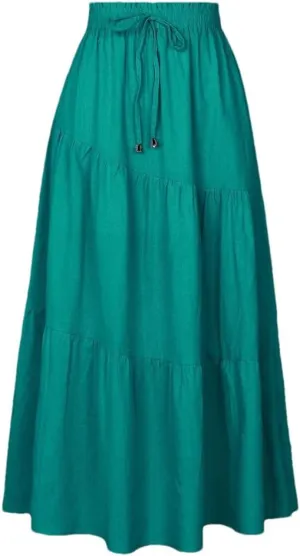 Women Summer Elastic Waisted Drawstring Casual Ruched Skirts High Waist A Line Large Swing Long Skirt