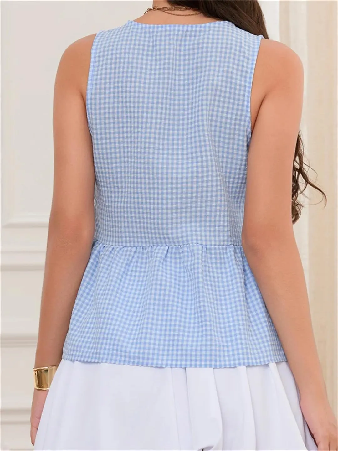 Women Summer Plaid Print Slim Fit Tank Tops Sleeveless V-Neck Bow Tie-Up Front Split Vests
