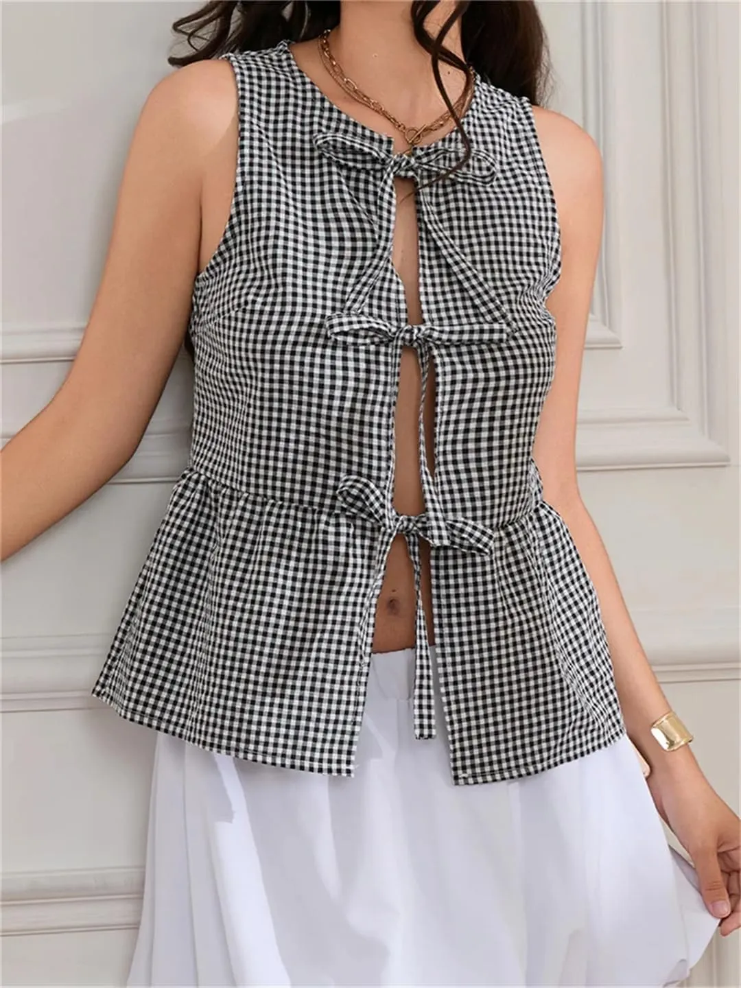 Women Summer Plaid Print Slim Fit Tank Tops Sleeveless V-Neck Bow Tie-Up Front Split Vests