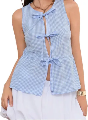 Women Summer Plaid Print Slim Fit Tank Tops Sleeveless V-Neck Bow Tie-Up Front Split Vests