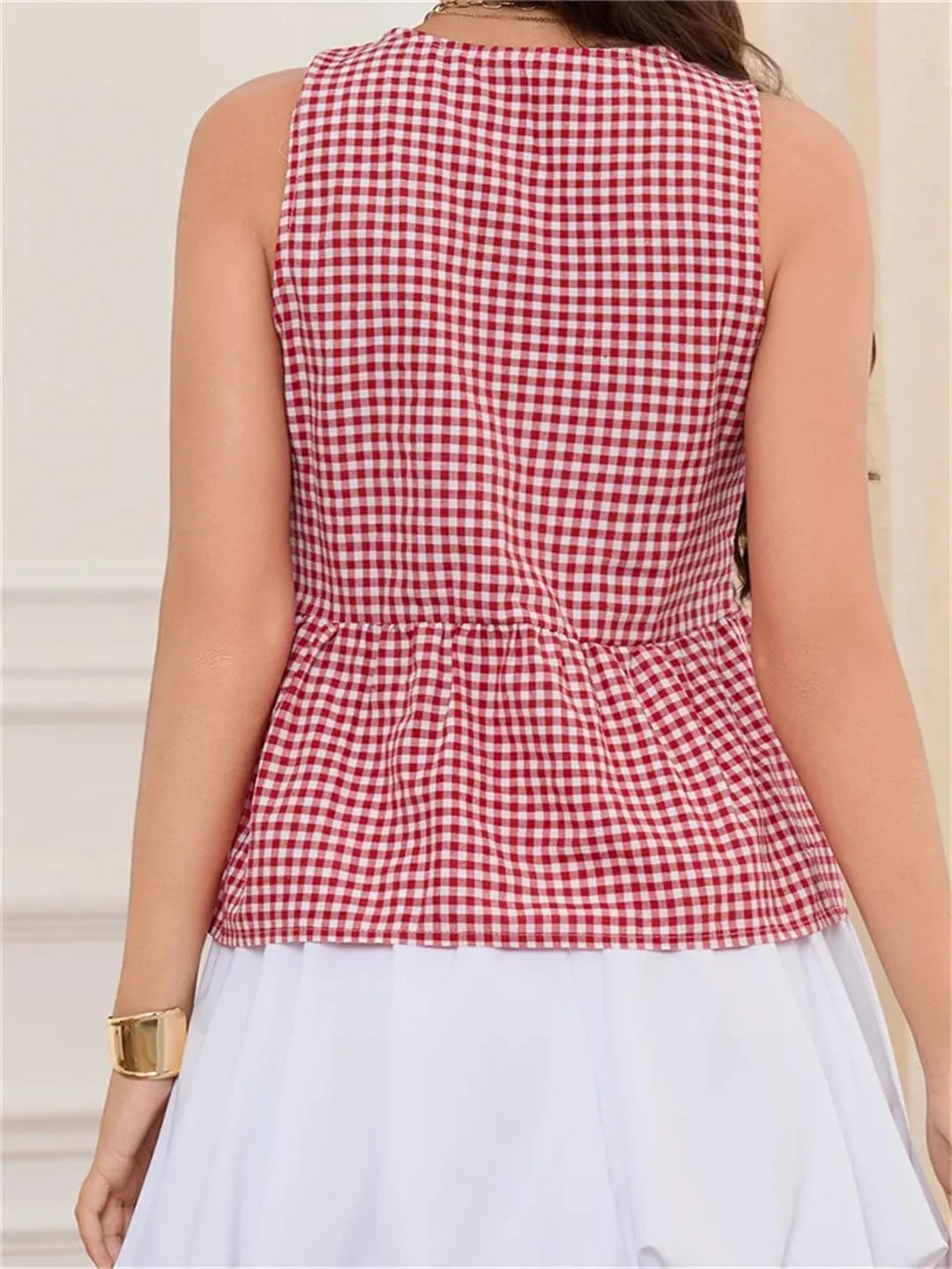 Women Summer Plaid Print Slim Fit Tank Tops Sleeveless V-Neck Bow Tie-Up Front Split Vests