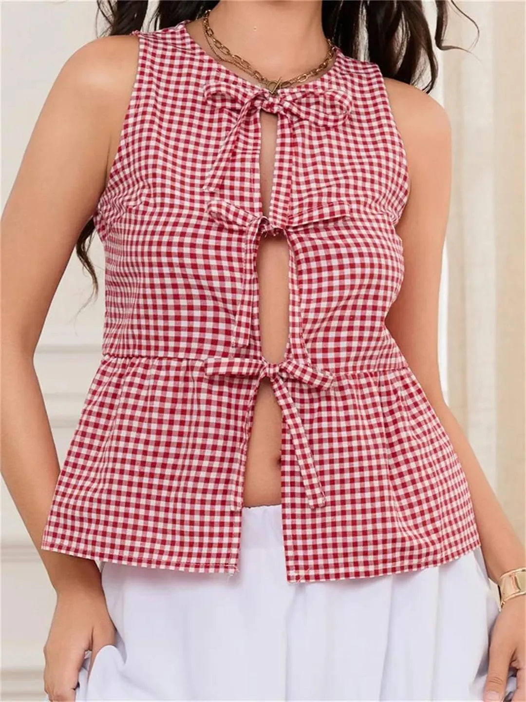 Women Summer Plaid Print Slim Fit Tank Tops Sleeveless V-Neck Bow Tie-Up Front Split Vests