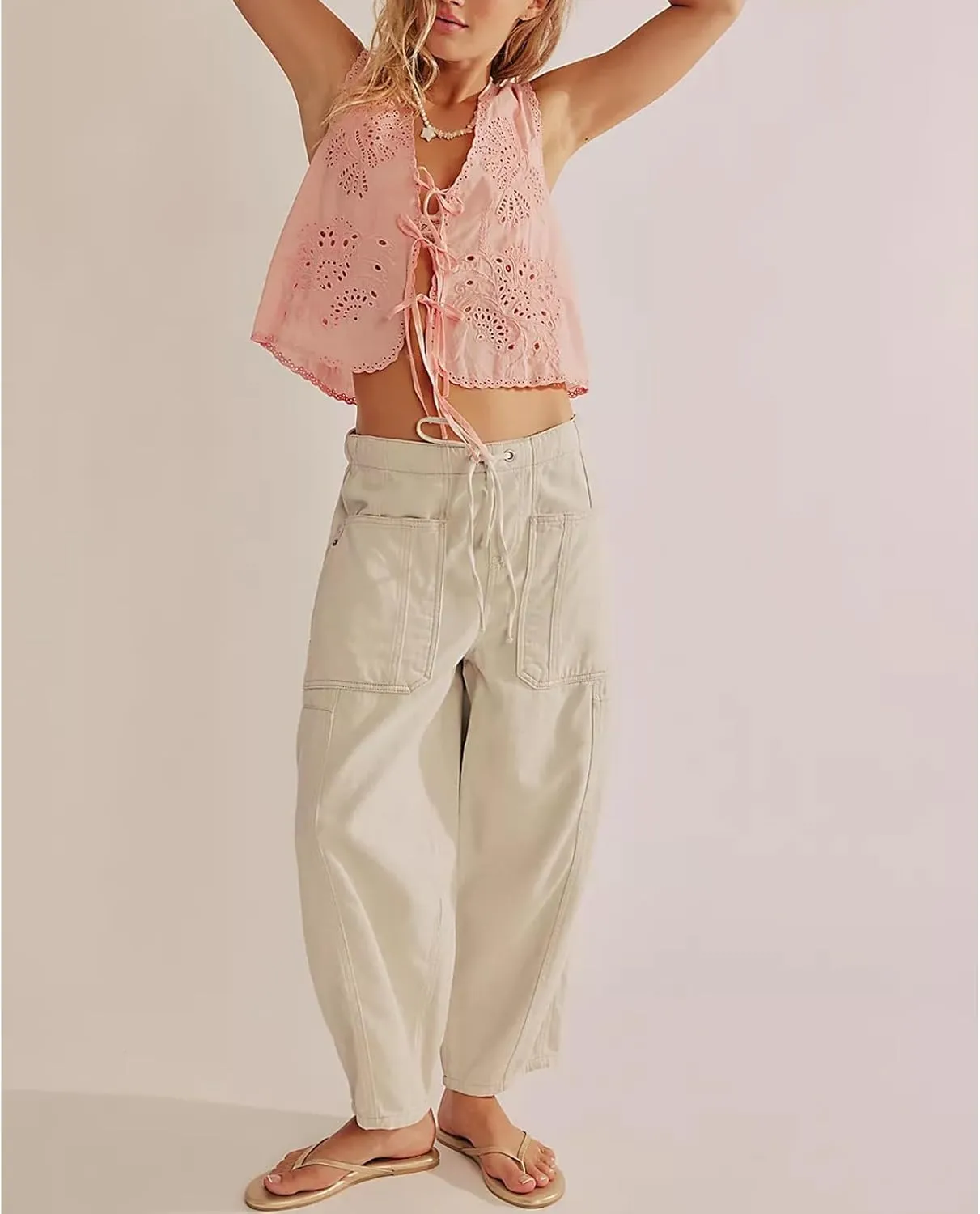 Women Tie Front Vest Floral Eyelet Embroidered Tank Y2K Sleeveless V Neck Crop Shirt Top Cute Going Out Tops