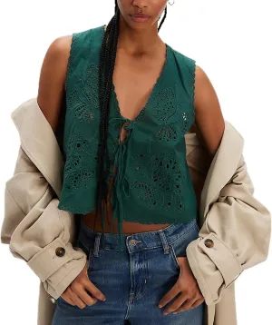 Women Tie Front Vest Floral Eyelet Embroidered Tank Y2K Sleeveless V Neck Crop Shirt Top Cute Going Out Tops