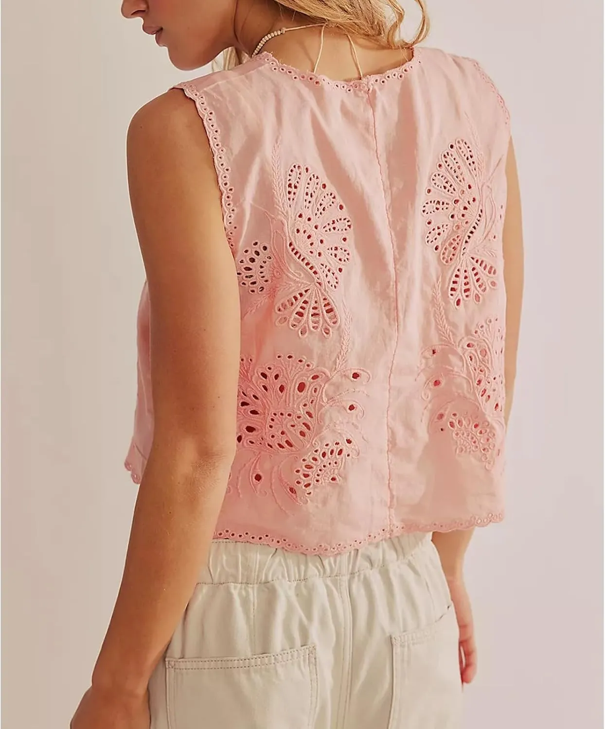 Women Tie Front Vest Floral Eyelet Embroidered Tank Y2K Sleeveless V Neck Crop Shirt Top Cute Going Out Tops