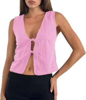 Women Trendy V Neck Bow Tie Front Top Vests Casual Solid Sleeveless Open Front Lace Up Cropped Tanks Y2k Outfits