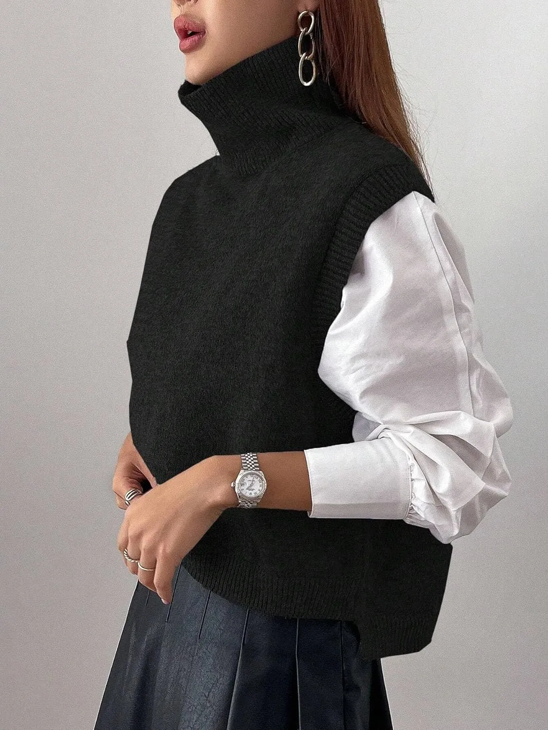 Women Turtleneck Crop Sweater Vest Sleeveless High Neck Solid Loose Fit Knitted Causal Jumper Top Streetwear