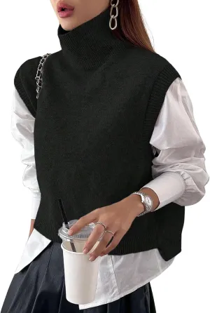 Women Turtleneck Crop Sweater Vest Sleeveless High Neck Solid Loose Fit Knitted Causal Jumper Top Streetwear