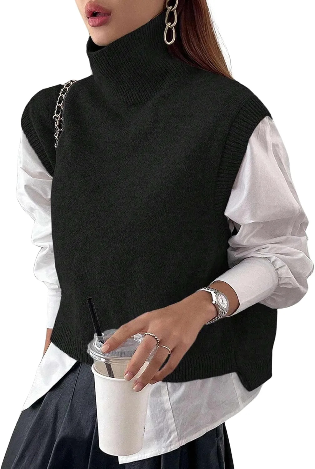 Women Turtleneck Crop Sweater Vest Sleeveless High Neck Solid Loose Fit Knitted Causal Jumper Top Streetwear