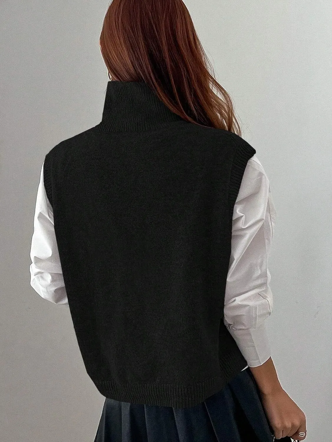 Women Turtleneck Crop Sweater Vest Sleeveless High Neck Solid Loose Fit Knitted Causal Jumper Top Streetwear