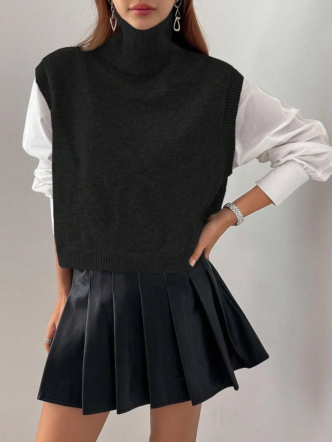 Women Turtleneck Crop Sweater Vest Sleeveless High Neck Solid Loose Fit Knitted Causal Jumper Top Streetwear