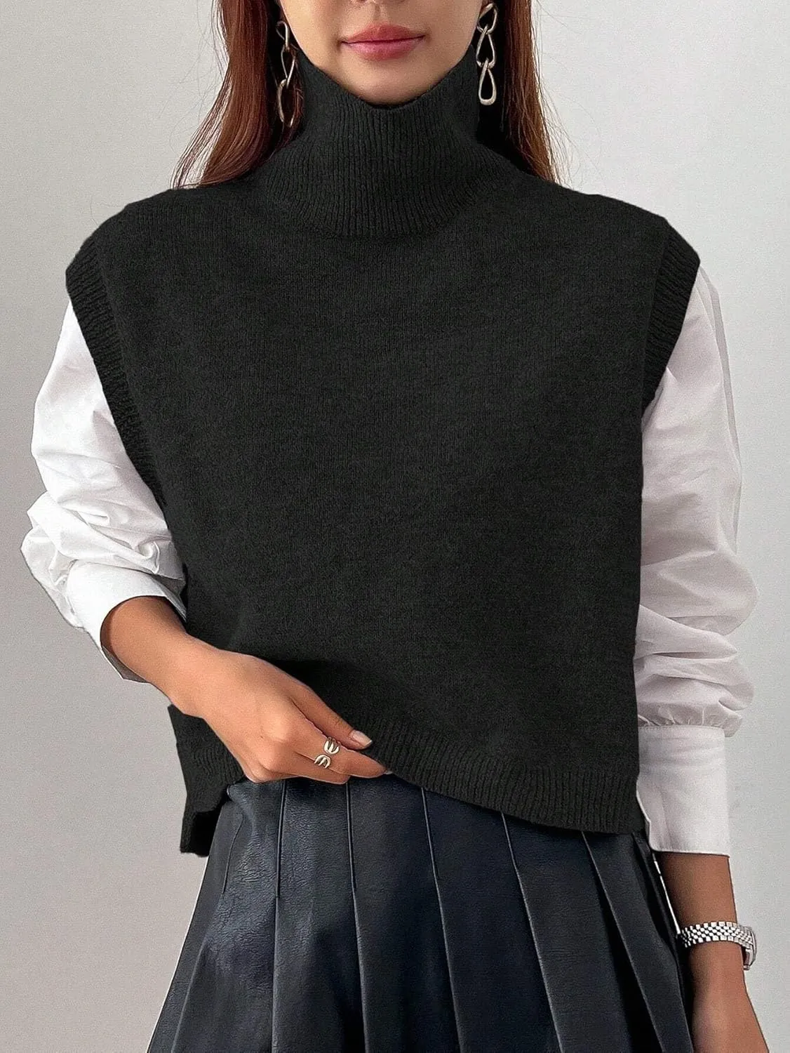 Women Turtleneck Crop Sweater Vest Sleeveless High Neck Solid Loose Fit Knitted Causal Jumper Top Streetwear