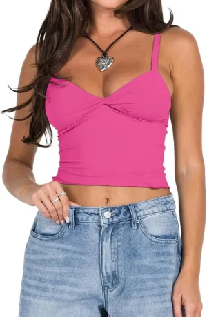 Women Twist Front V Neck Spaghetti Strap Crop Top Sleeveless Backless Solid Slim Fit Y2k Sexy Cropped Camisole