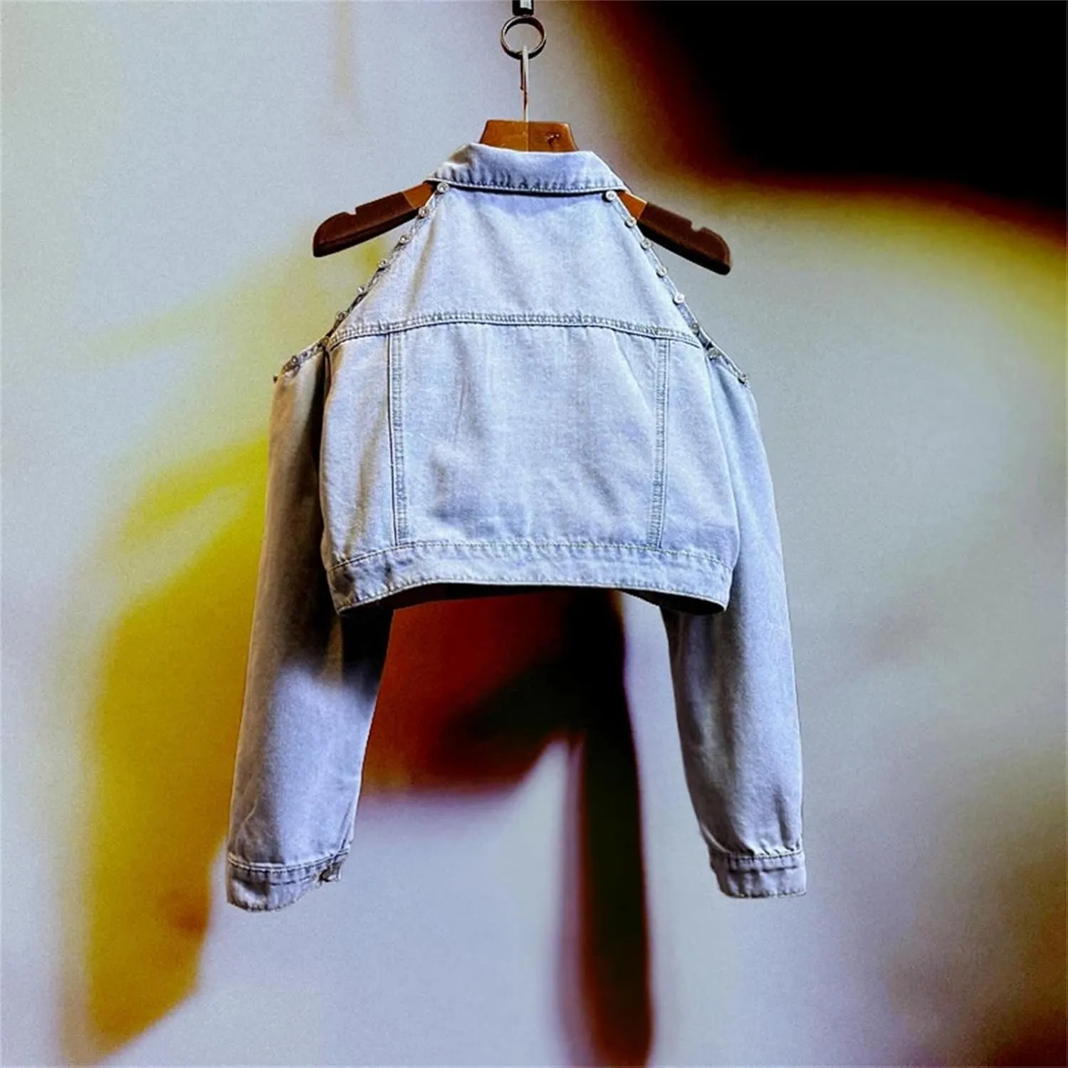 Women Vintage Lightweight Slim Short Denim Jacket Off The Shoulder Lapel Long Sleeve Cowboy Jacket
