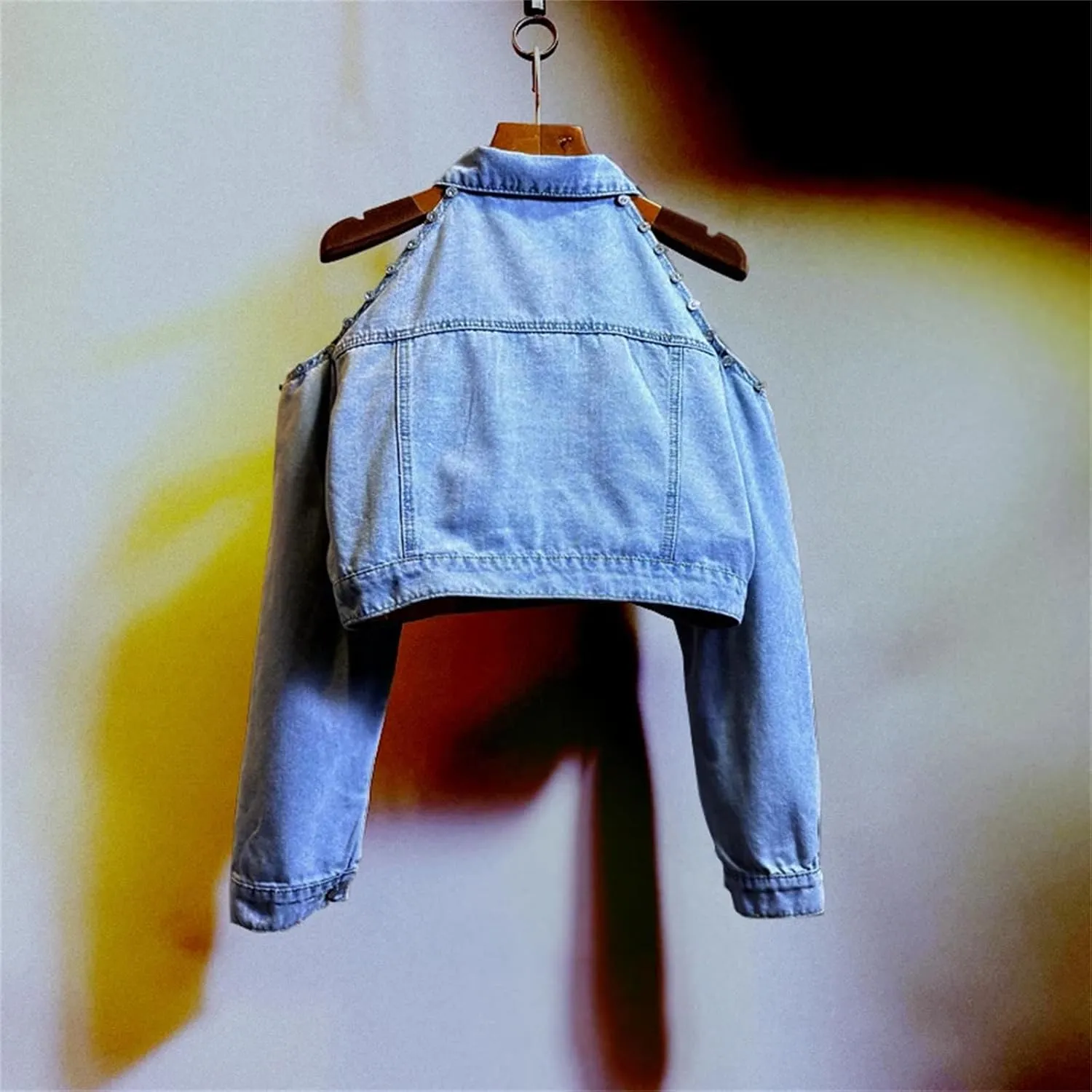 Women Vintage Lightweight Slim Short Denim Jacket Off The Shoulder Lapel Long Sleeve Cowboy Jacket