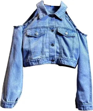 Women Vintage Lightweight Slim Short Denim Jacket Off The Shoulder Lapel Long Sleeve Cowboy Jacket