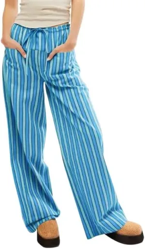 Women Wide Leg Striped Pants Cotton Casual Comfy Loose Lounge Drawstring Palazzo Trousers with Pockets