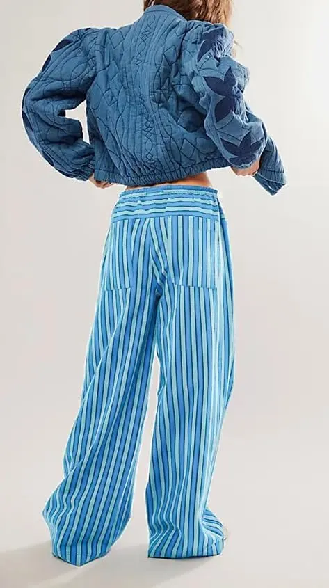 Women Wide Leg Striped Pants Cotton Casual Comfy Loose Lounge Drawstring Palazzo Trousers with Pockets