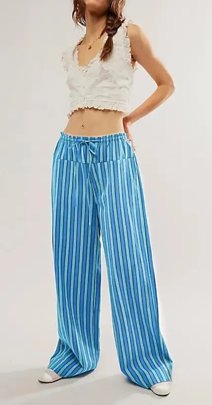 Women Wide Leg Striped Pants Cotton Casual Comfy Loose Lounge Drawstring Palazzo Trousers with Pockets