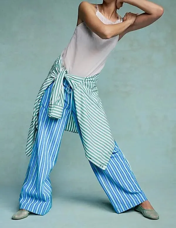 Women Wide Leg Striped Pants Cotton Casual Comfy Loose Lounge Drawstring Palazzo Trousers with Pockets