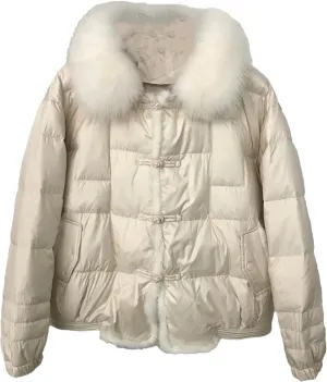 Women Winter White Duck Down Jacket Short Warm Puffer Coat Loose Vintage Parka