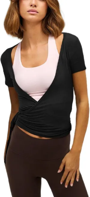Women Y2k Cross Wrap Shirt Deep V Neck Tie Front Short Sleeve Tops Solid Slim Fit Yoga Shirts Active Blouse