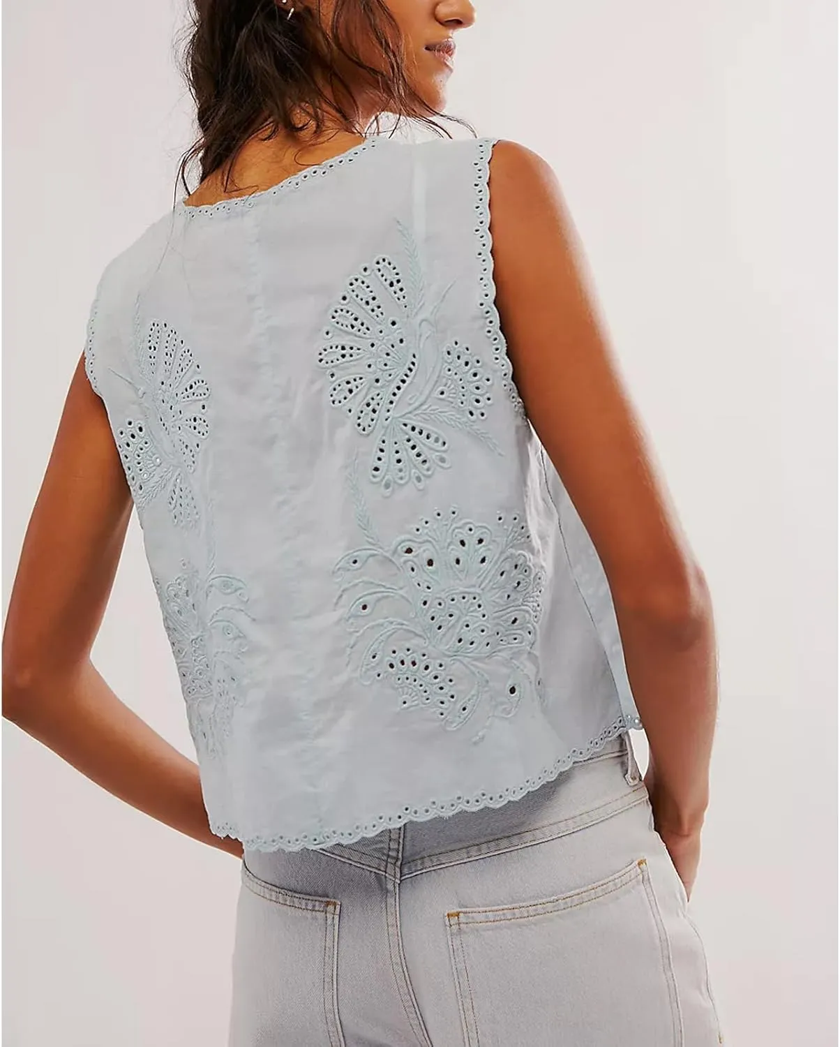 Women Y2k Embroidered Floral Front Tie Up Tank Vest Summer V Neck Cute Eyelet Going Out Crop Tops Blouse Shirts