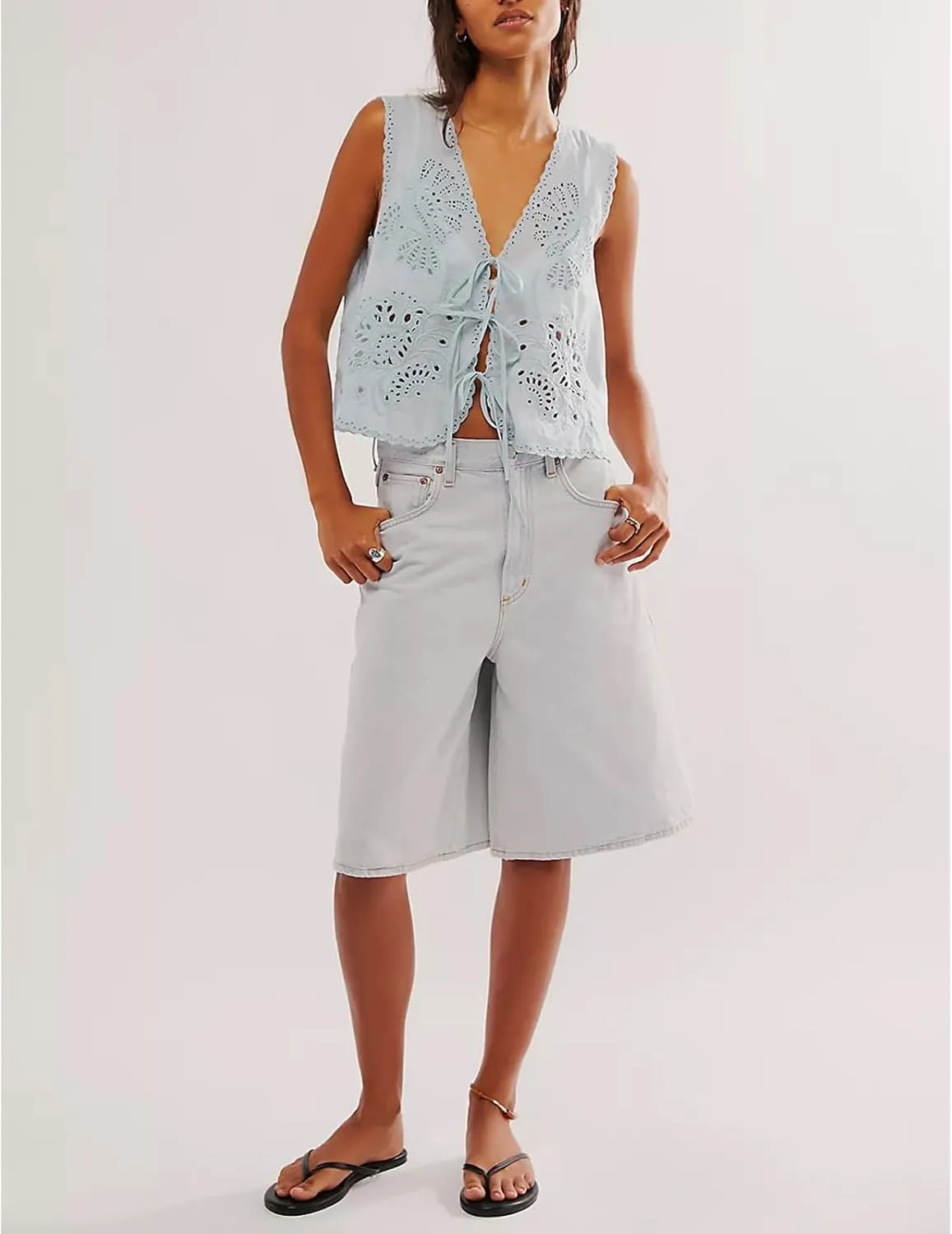 Women Y2k Embroidered Floral Front Tie Up Tank Vest Summer V Neck Cute Eyelet Going Out Crop Tops Blouse Shirts