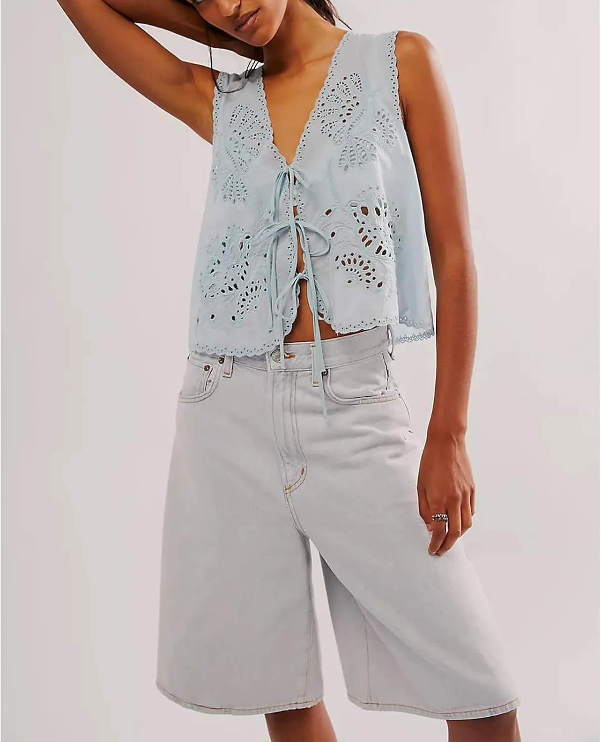Women Y2k Embroidered Floral Front Tie Up Tank Vest Summer V Neck Cute Eyelet Going Out Crop Tops Blouse Shirts