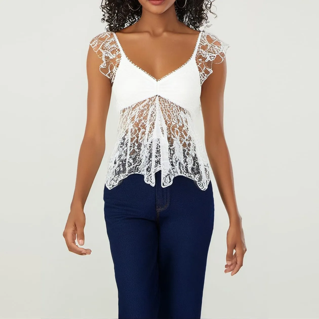 Women Y2k Lace Crop Top Sexy Slim Fit V Neck See Through Mesh Sheer Camisole Fairy Grunge Aesthetic Summer Streetwear