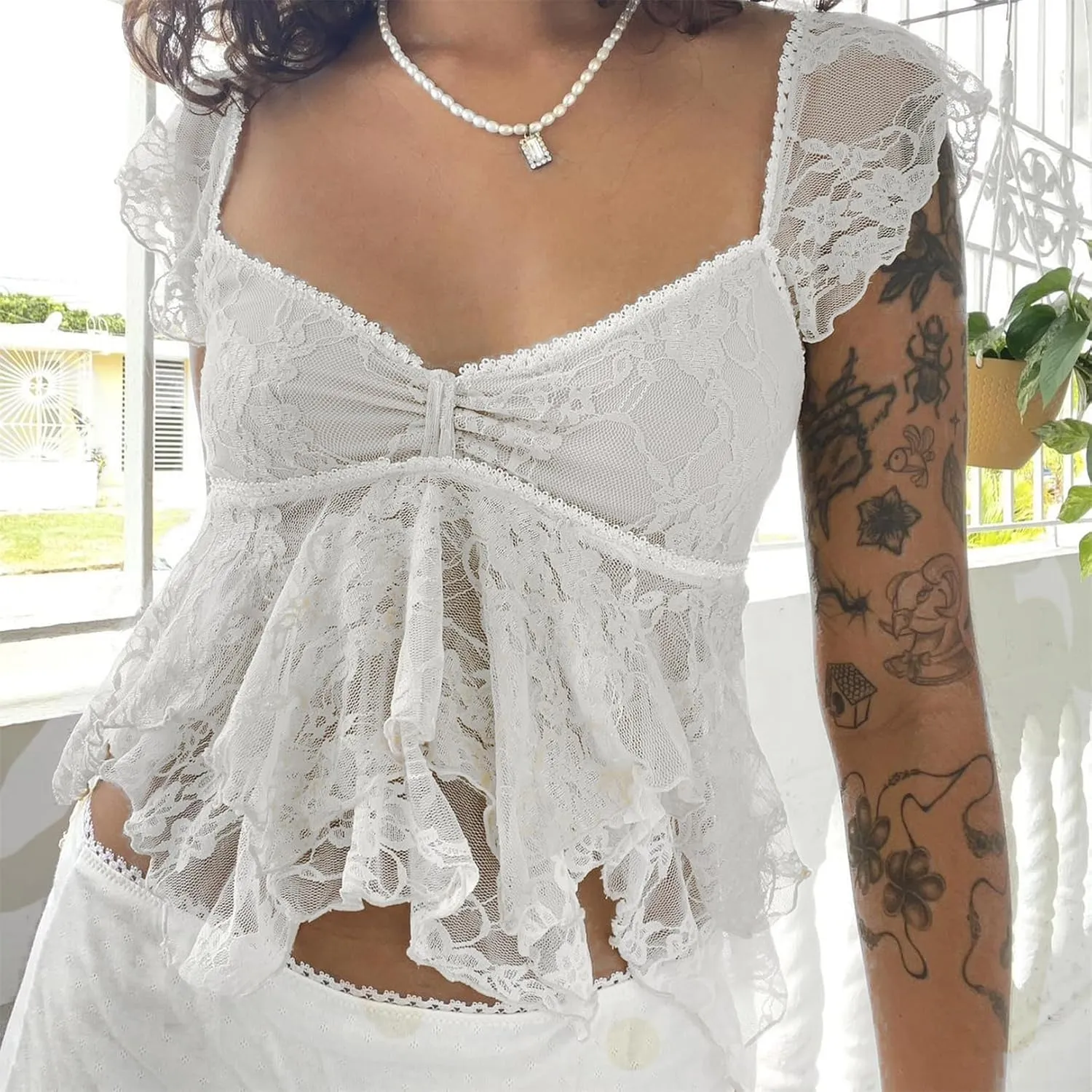 Women Y2k Lace Crop Top Sexy Slim Fit V Neck See Through Mesh Sheer Camisole Fairy Grunge Aesthetic Summer Streetwear
