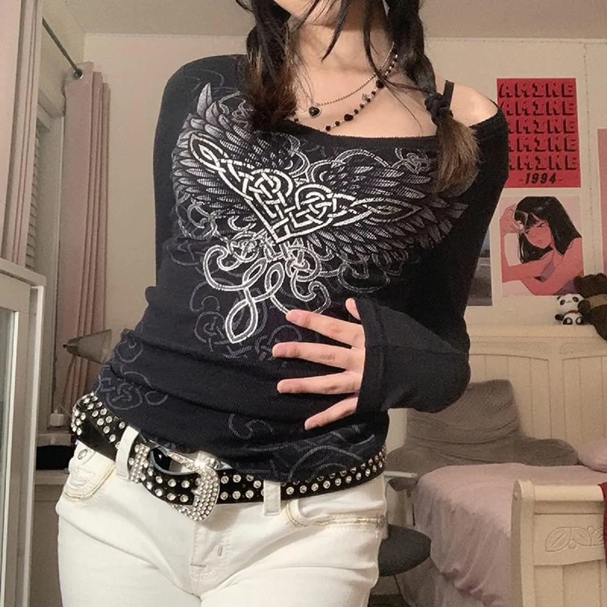 Women Y2K Long Sleeve Top Tee Sexy Patchwork Square Collar Black Basic Slim Fit Blouse Tops Streewear