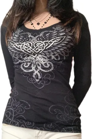 Women Y2K Long Sleeve Top Tee Sexy Patchwork Square Collar Black Basic Slim Fit Blouse Tops Streewear