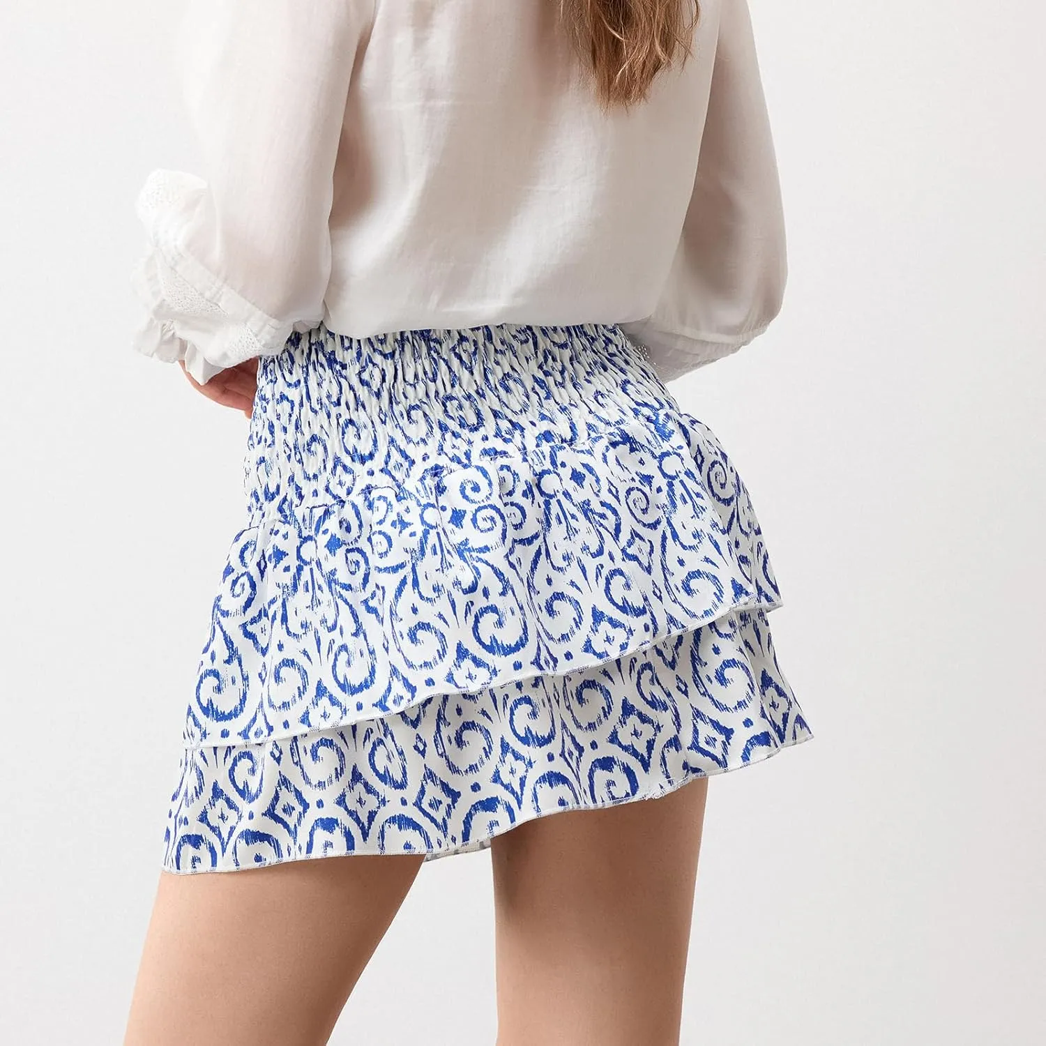 Women Y2k Ruffle Fairy Mini Skirt Floral Striped Elastic High Waist Short Skirt Boho Layered Pleated Skirt