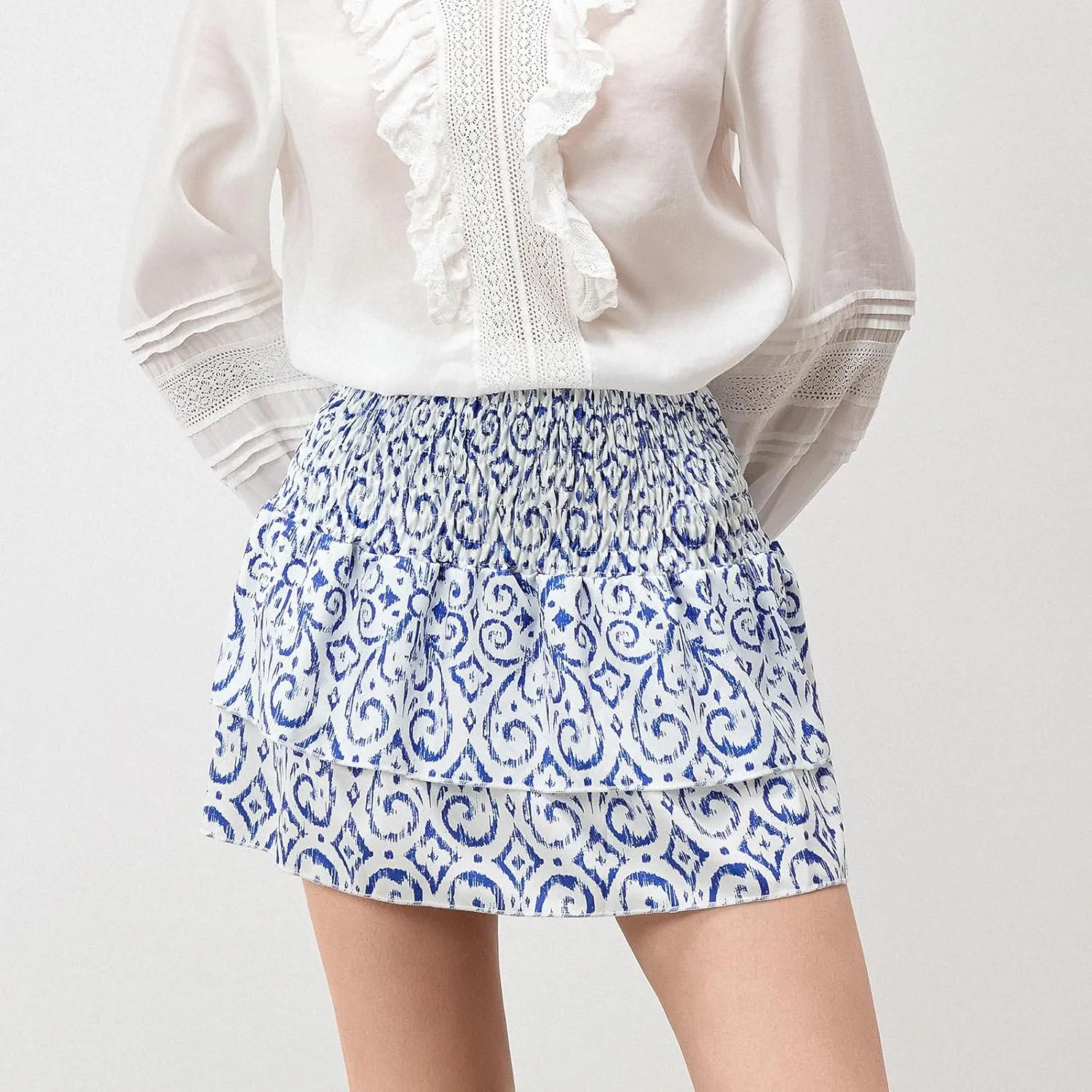 Women Y2k Ruffle Fairy Mini Skirt Floral Striped Elastic High Waist Short Skirt Boho Layered Pleated Skirt