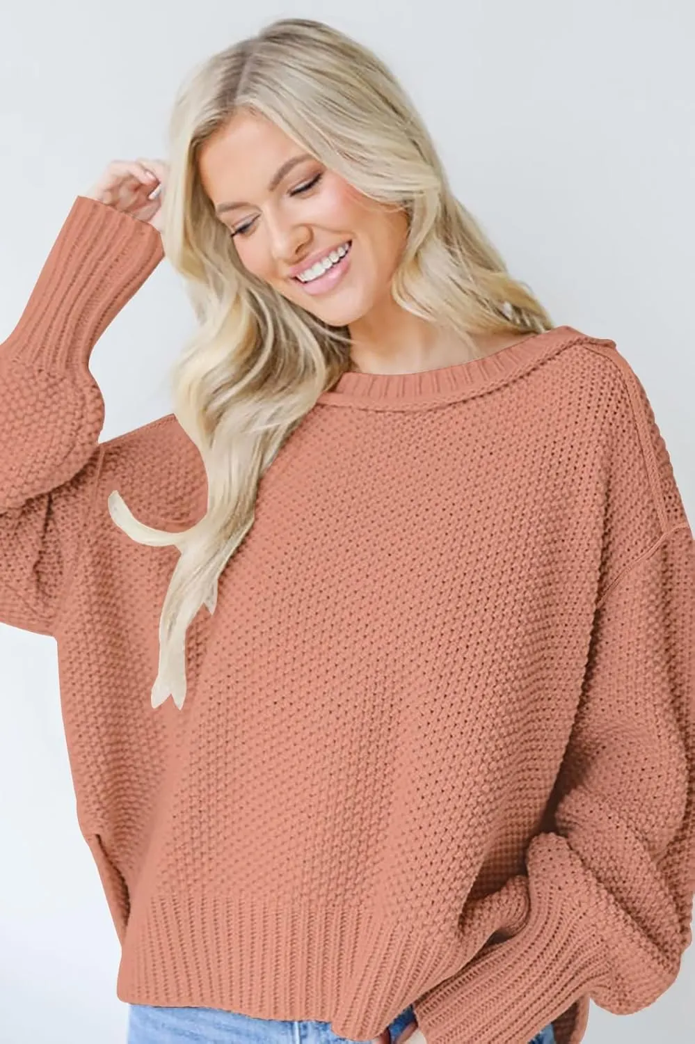 Women's 2024 Crewneck Long Sleeve Loose Oversized Chunky Knitted Pullover Sweater Jumper Tops